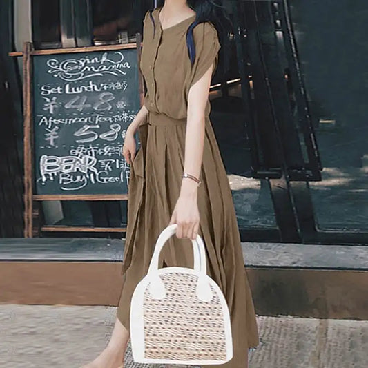 Women Fashion Short Sleeve Dress Summer Elegant Party Vestidos Casual Mid-calf Sundress Femme Vintage OL Robe Kaftan