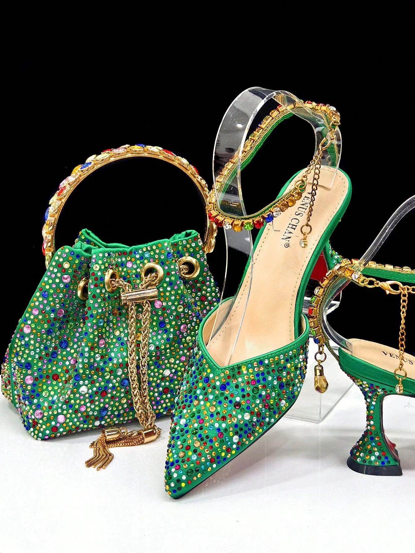 Shiny Italian Fashion Women’s Pointed Toe Heels with Rhinestone Detailing & Matching Green Color Bag Set