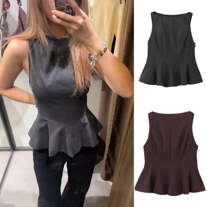 Fall/Winter 2025 New  Women's Fashion Elegant ruffled hem round neck sleeveless waist slim-fit top 4661124