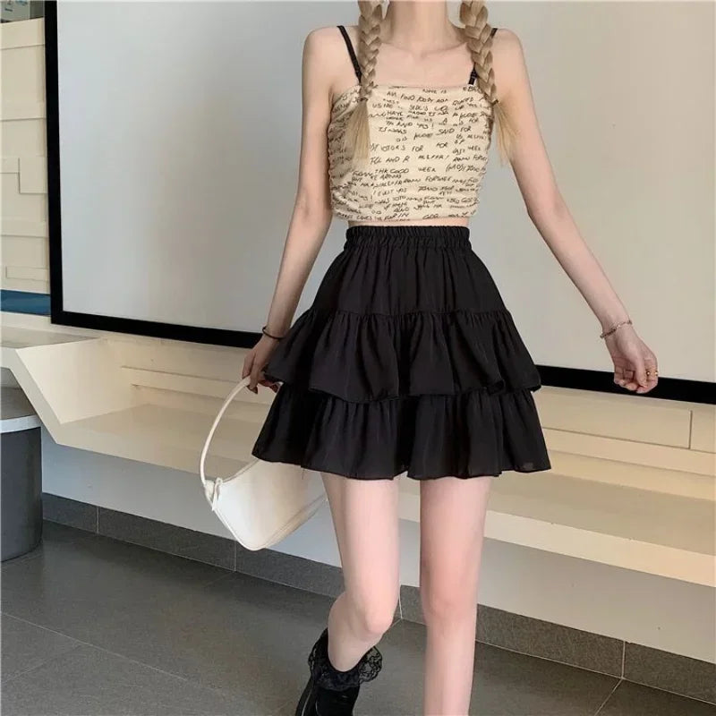 Pleated A-line Skirt White Women Ruffles Sweet Hottie Preppy Style Elastic Elastic Waist Slim Thin SimpleCasual Summer Wholesale
