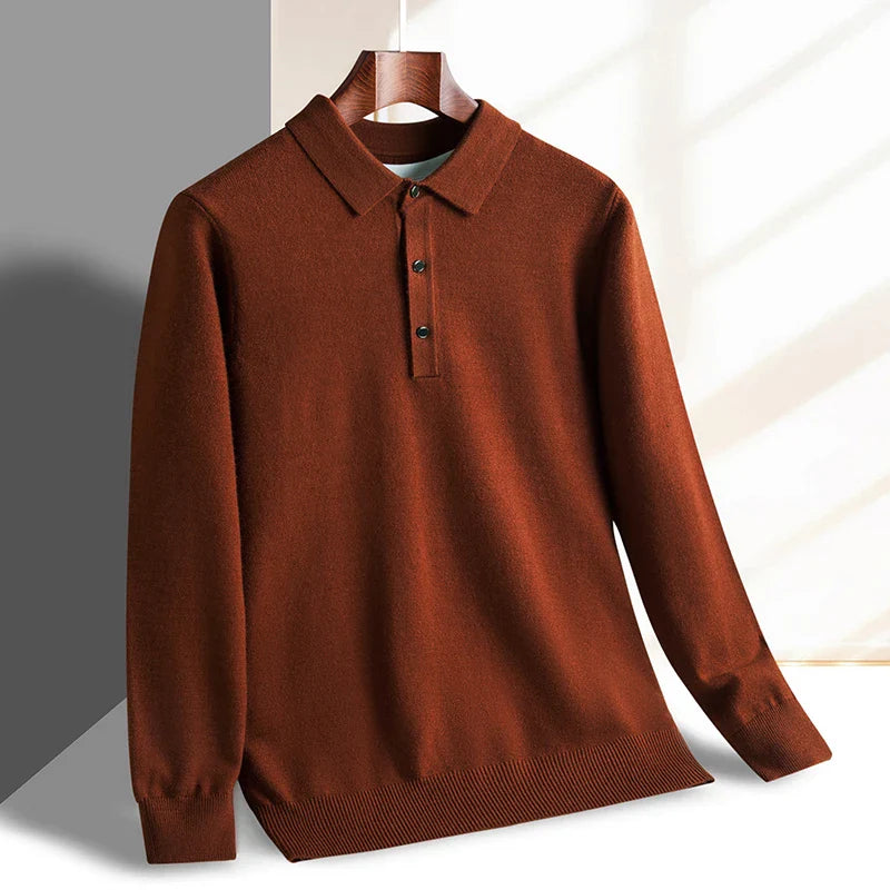 Fashion luxury knitted long sleeve polo shirt men's autumn new trend simple solid color soft skin friendly comfort lapel sweater