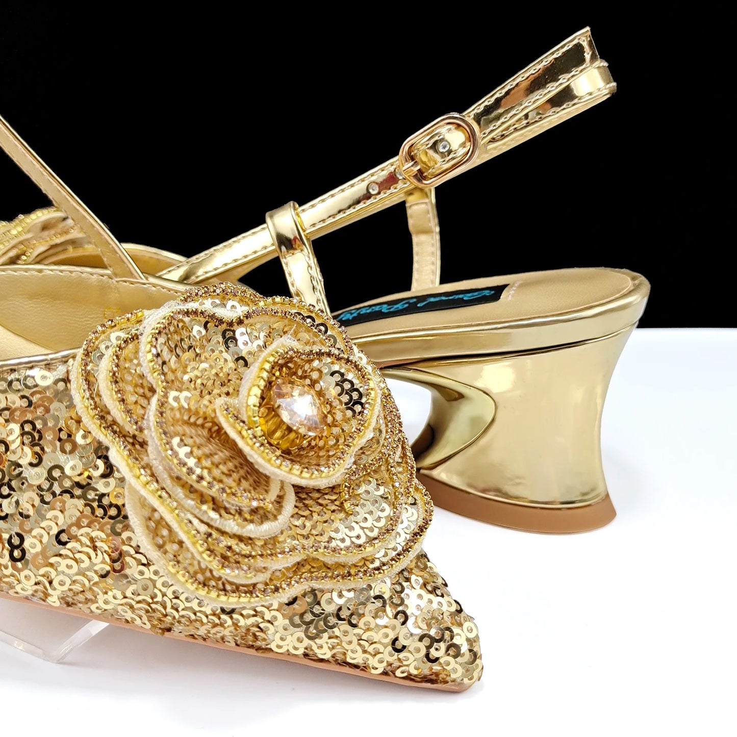 Gold Color Shoes and Bag Elegant Handbags and Medium Heel Shoes Beautiful Handmade Flowers For Wedding Party