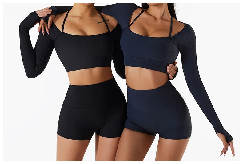 Women Yoga Set Gym Clothing Tracksuit Long Sleeve Crop Top One Shoulder Bra High Waist Seamless Leggings Fitness Sports Suits