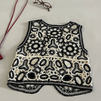 Floral Crochet Vest for Women Openwork Button Front Sleeveless Jacket Waistcoat Bohemian Summer Beach Vacation Outfit