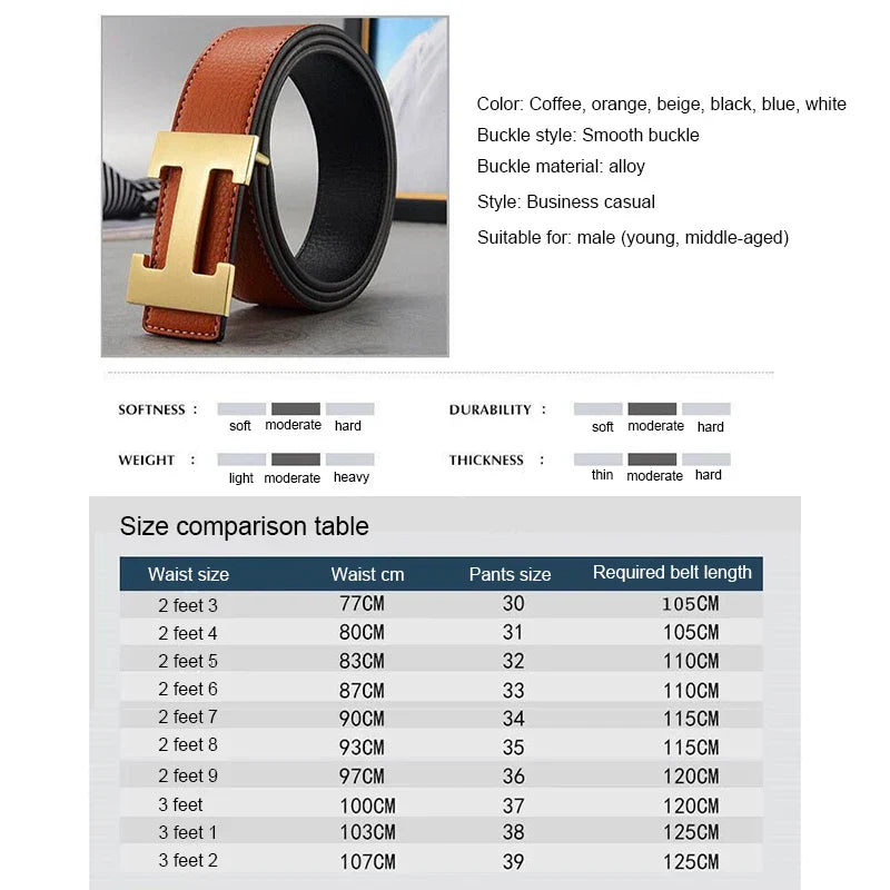 2026 New Casual Men's Belt High Quality Designer Genuine Second Cow Leather Belts Strap Male Metal Smooth Buckle Fashion