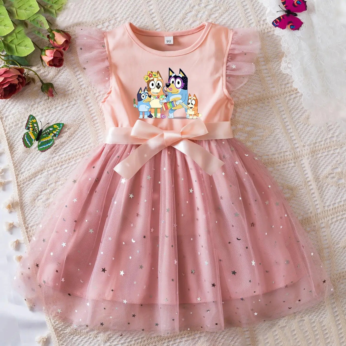 Girls Sequin Tutu Dress with Bow Flutter Sleeves Summer Princess Party Outfit for Toddler Kids 2-6 Years
