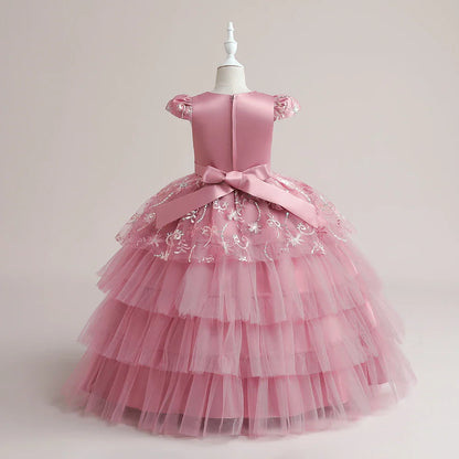 Vestidos de Festa para Meninas Daminhas de Flores de Verão Vestido Elegante de Tule para Casamento Princesa Formatura Vestido Infantil para Menina com Laço para Aniversário e Noite