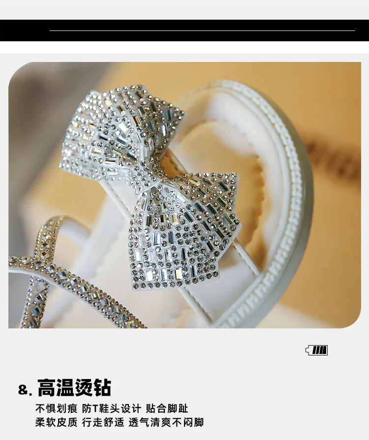 Girls' Shiny Cool Rhinestone Bowknot Children's Sandals 2023 Summer Open-toe Versatile Kids Fashion Back Zipper Casual Shoes New