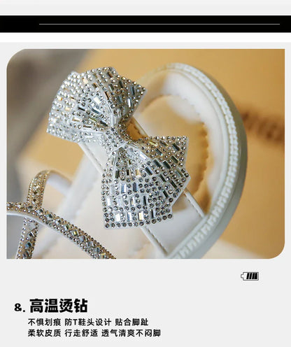 Girls' Shiny Cool Rhinestone Bowknot Children's Sandals 2023 Summer Open-toe Versatile Kids Fashion Back Zipper Casual Shoes New