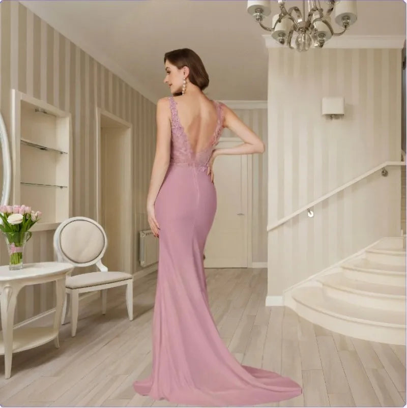 2025 Womens Mermaid Evening Dresses V-Neck Pearl Lace Appliques Straps Illusion Backless Prom Dress Train Wedding Bridal Vestido