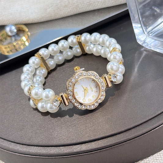 New Elegant Pearl Diamond-Encrusted Elastic Band Watch Vintage Luxury Bracelet Style Convenient for Ladies Quartz Wristwatch