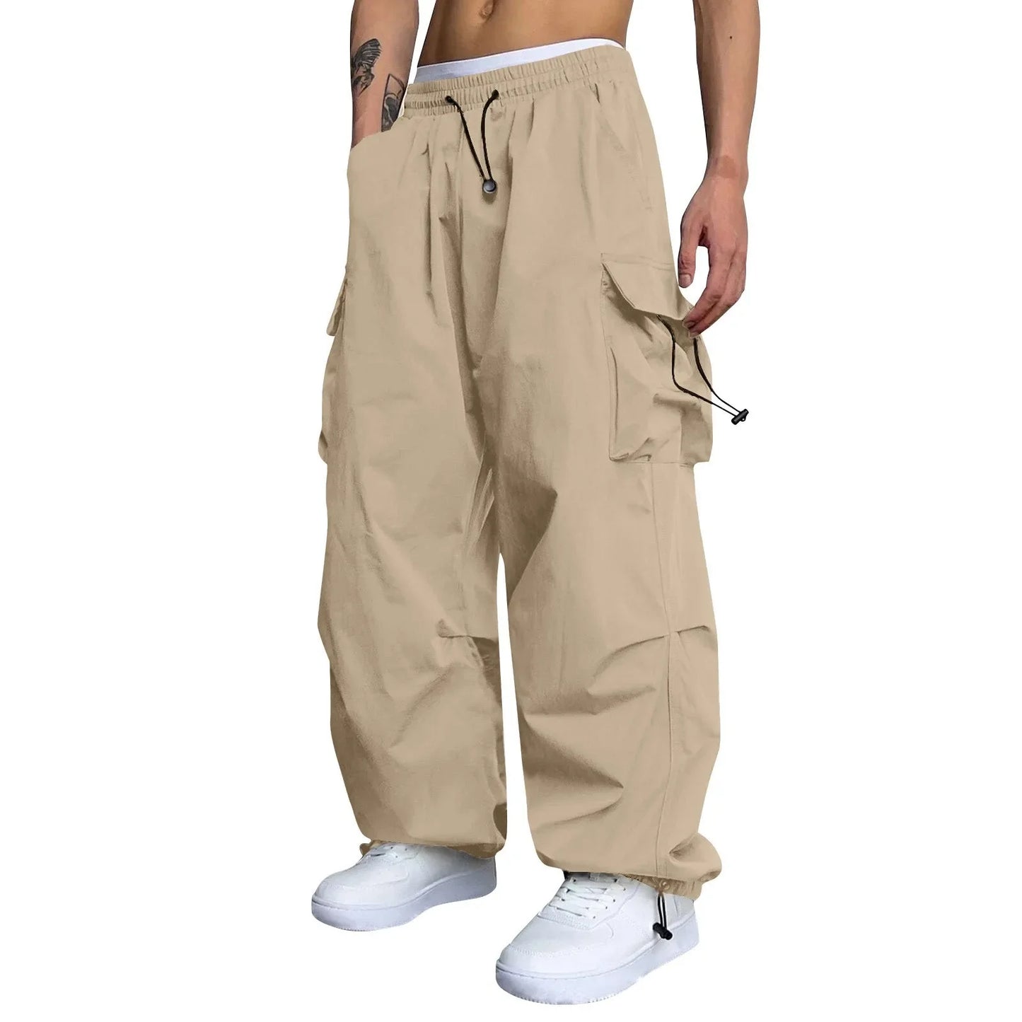 Cool Streetwear Versatile Quicky Drying Wide Leg Low Waist Drawstring Cargo Trousers Fashion Daily Casual Pockets Pants For Male