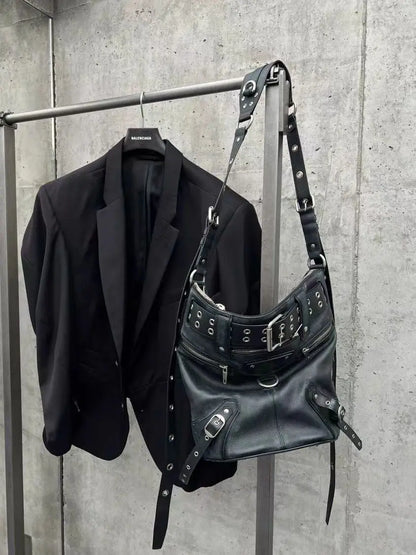High Street Vintage Handbag Women New Rivet Large Capacity Casual Crossbody Bags Ladies Moto Biker Black Messenger Bag