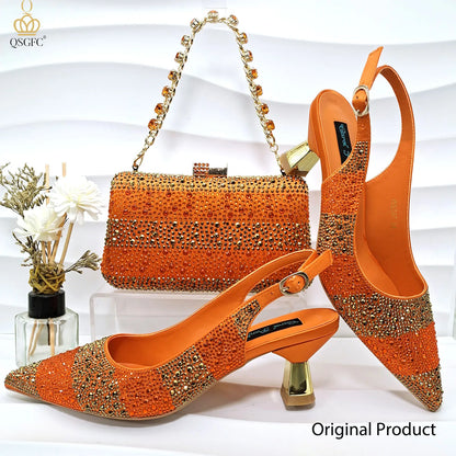Nigerian Women Heel Ladies Italian Luxury Design Green Shoes And Bag Set Decorated with Rhinestone Handbag Wedding Party