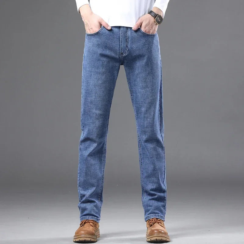 Fashion Light Blue Slim Straight Jeans Men's Spring autumn Elastic Comfortable Denim Pants Korean Casual Business Trousers