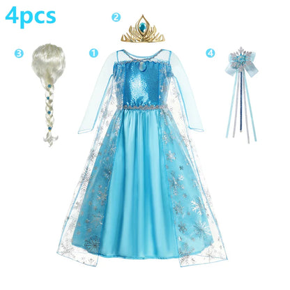 Elsa Dress Cosplay Princess Dress Light Blue Long Sleeve Sequin Children Dresses Carnival Party Evening Dress Dress For Girls