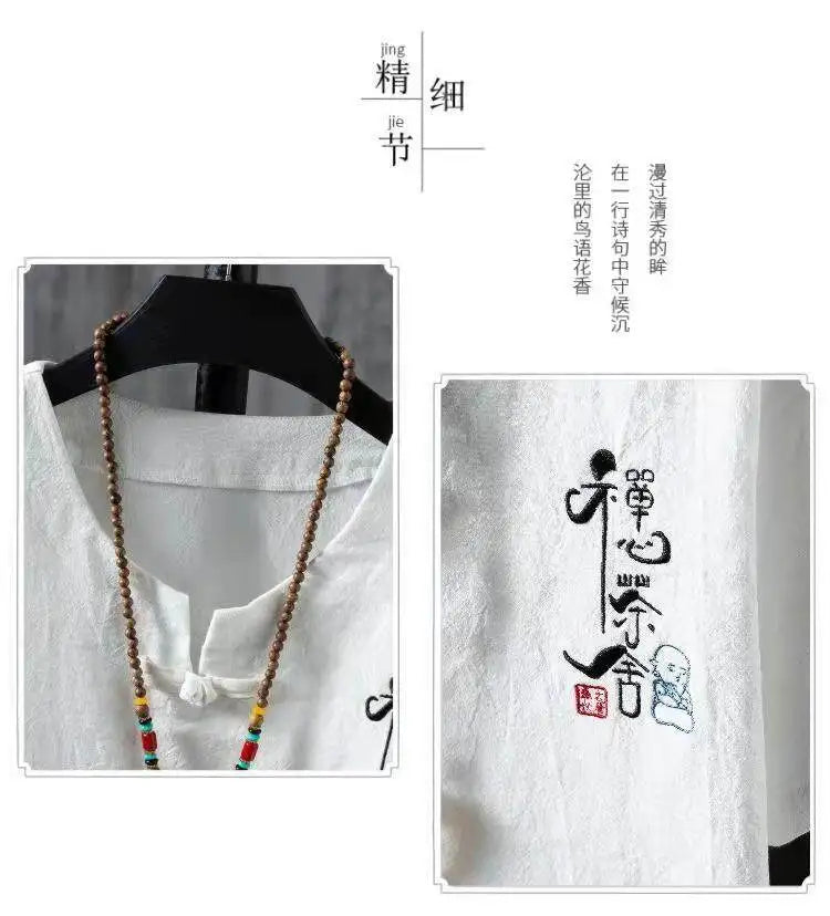 (Shirt + trousers) 2025 summer Chinese Style men shirt Cotton and linen shirts men's High quality casual shirts Two Piece M-5XL