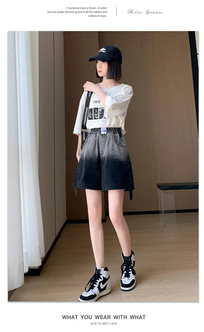 Plus Size Denim Shorts For Women Summer 2024 New High Elastic Waist Pockets Wide Leg Loose Jean Short Femme Hot Sale