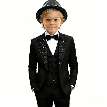 Black Beaded Crystals Suits For Boys 3 Pieces Sets Single Breasted Prom Blazer Sets Kids Formal Wedding Party Tuxedos