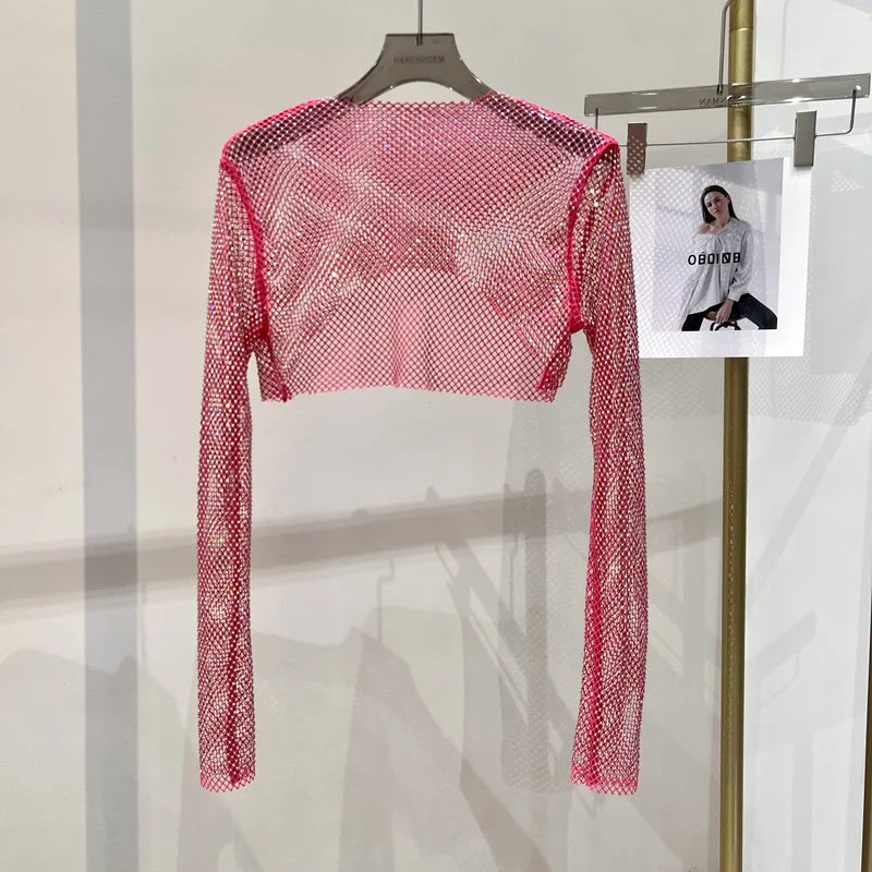 2023 new sexy bright diamond short top Slim thin Ms. hot drill long-sleeved T-shirt sexy leak waist nightclub