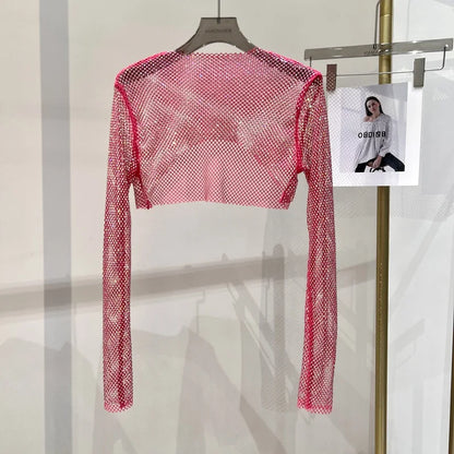 new sexy bright diamond short top Slim thin Ms. hot drill long-sleeved T-shirt sexy leak waist nightclub