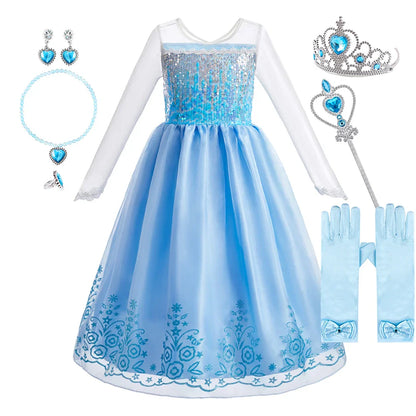 2025 Kid Elsa Anna Costume Girl Birthday Floral Dress Children Snow Queen Performance Fantasy Princess Evening Halloween Costume