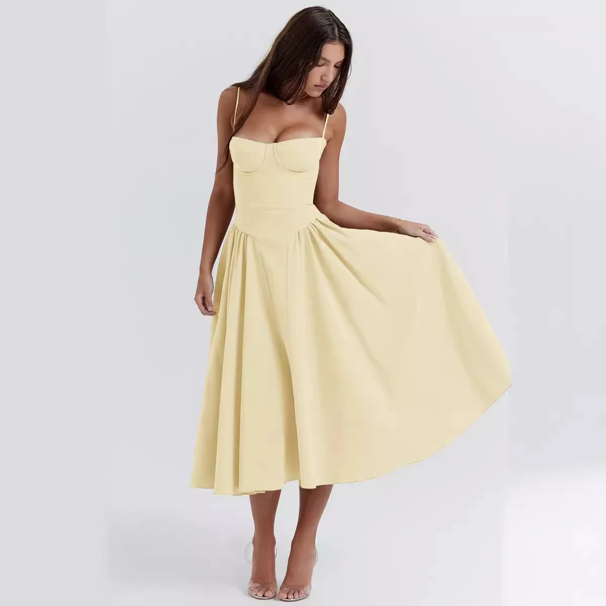 Women Elegant Sleeveless Backless Pleated Dresses Lady Sexy Solid Sling Midi Dress 2024 Female Party Evening A-line Robes