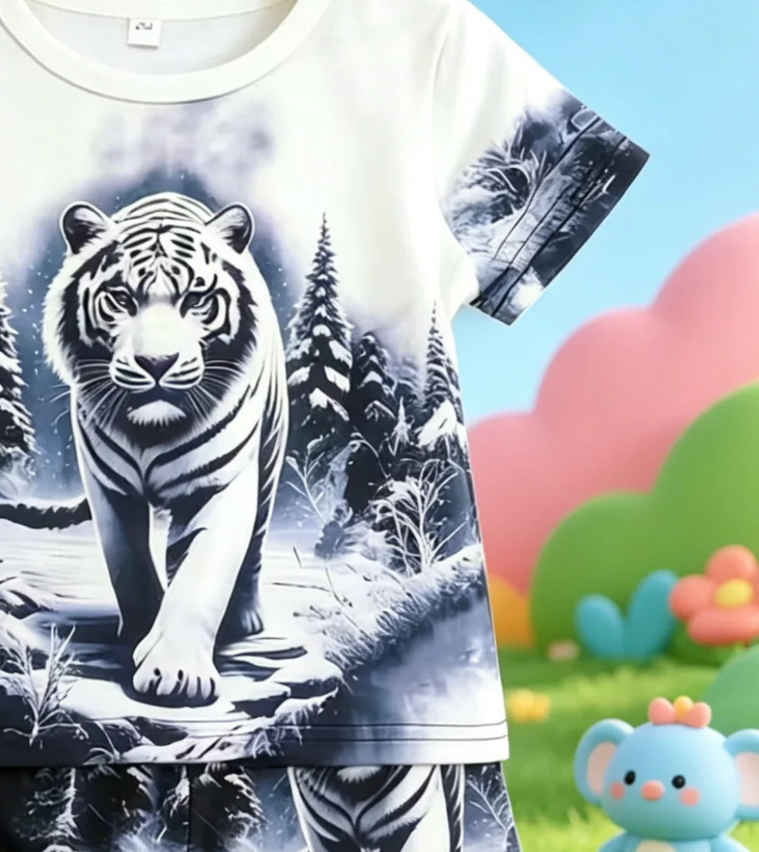 Summer New Arrival Boys Ink Wash Tiger All Over Print Short Sleeve Shorts Set