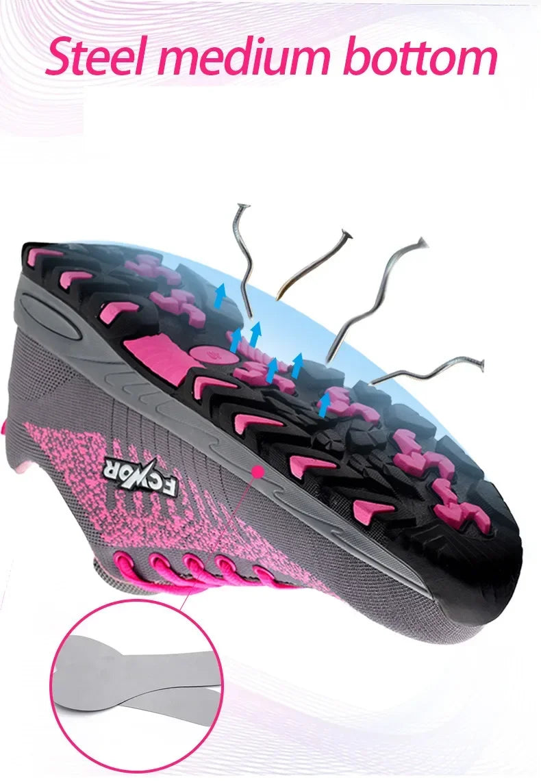 Women‘s Safety Shoes Anti-Smash Anti-Puncture Lightweight Fashionable Grey Pink Color Comfort Fit Daily Wear Protective