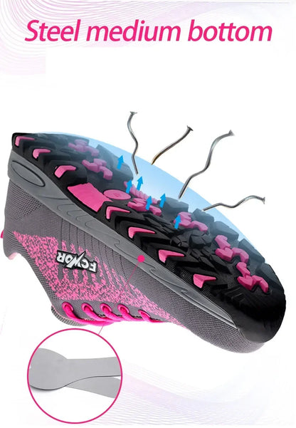 Women‘s Safety Shoes Anti-Smash Anti-Puncture Lightweight Fashionable Grey Pink Color Comfort Fit Daily Wear Protective