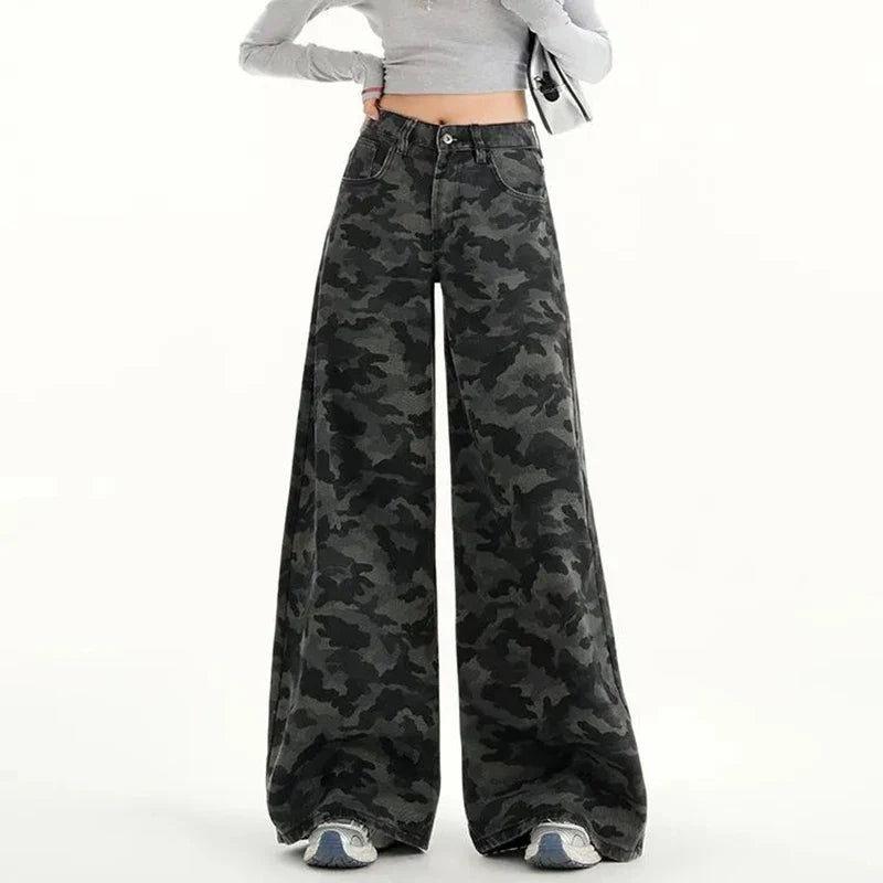 Women Retro Casual Straight Leg Jeans Female High Waist Camouflage Cargo Pants Girls High Street Fashion Denim Trousers