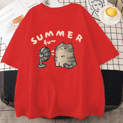 Korean Version Retro Minimalist Cat Printed Summer T-shirt Casual Loose Couple Thin Short Sleeves Women Men T Shirts