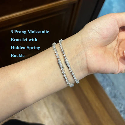 3 Prong 2.5mm 3mm Full D Color Moissanite Diamond Tennis Bracelet for Women 925 Silver Link Chain Spring Buckle Bracelets