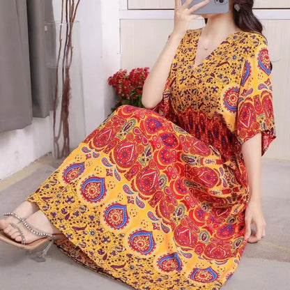 Flower V-neck Elastic Youthful Bohemian Sweet Midi Dress Woman Clothes Chic Fashion Summer Dresses 2025 Large Swing Ski