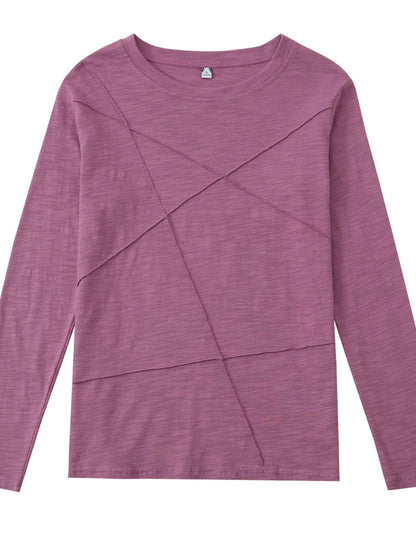2026 Spring Long Sleeve Women O-Neck Bamboo Cotton T-Shirt Elegant Loose Ribbed Fashion Tee Shirt Ladies Simple Tops