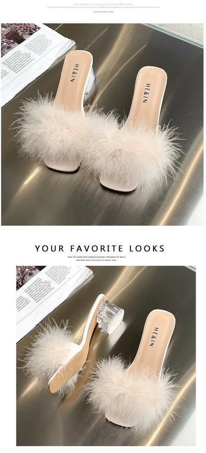 2023 Fluffy Peep Toe Sexy High Heels Women Shoes Fur Feather Lady Fashion Wedding Slip-On Pink Square Toe Women Sandals