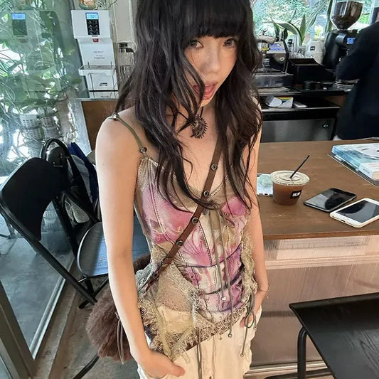 Gothic Tank Tops Women Sleeveless Tie Dye Y2k Vintage Crop Tops Streetwear 2000s Japanese Lace Up Camis E-girls Summer