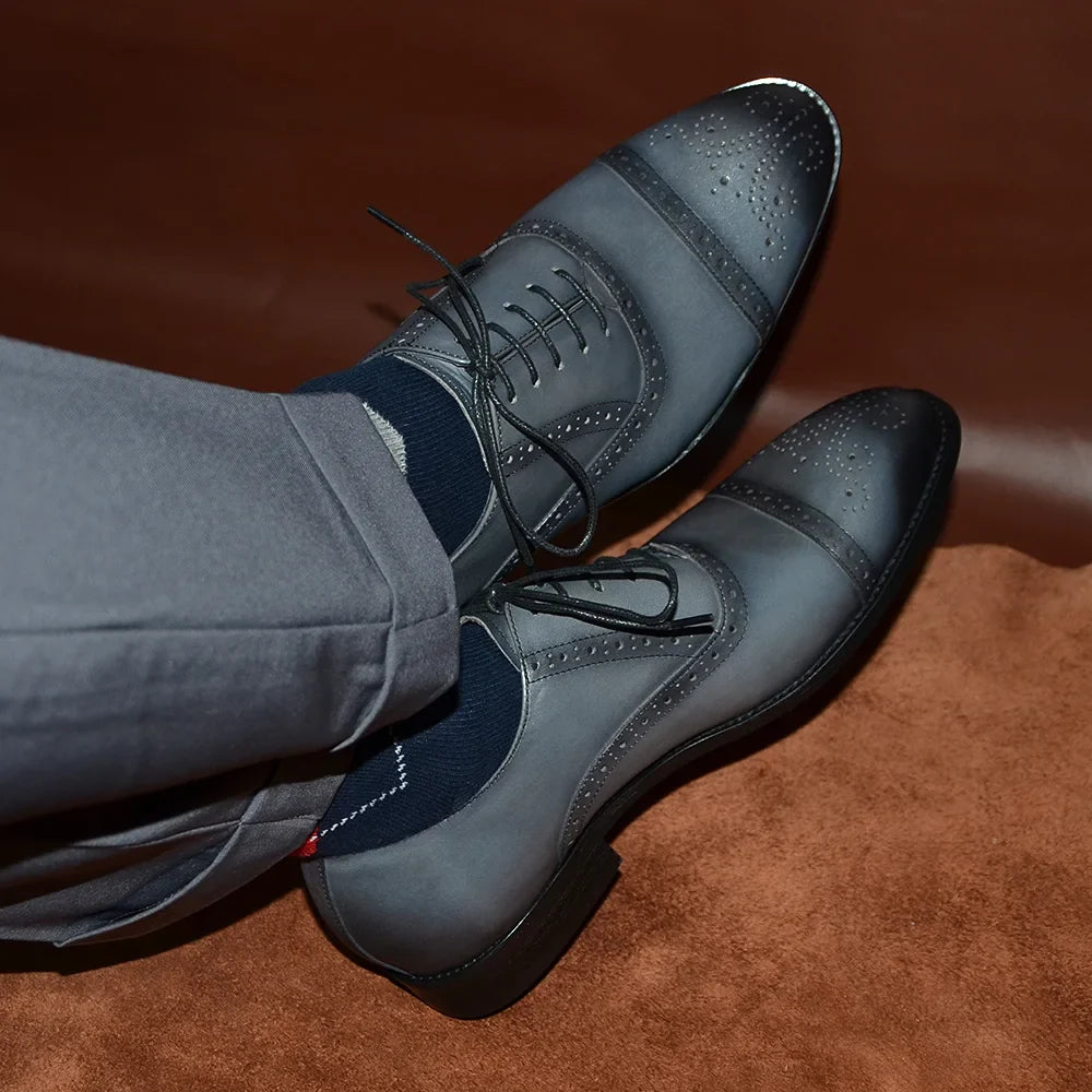 Italian Mens Dress Shoes Genuine Leather Cap Toe Oxfords Lace-up Black Brown Wedding Business Office Brogue Formal Shoes for Men