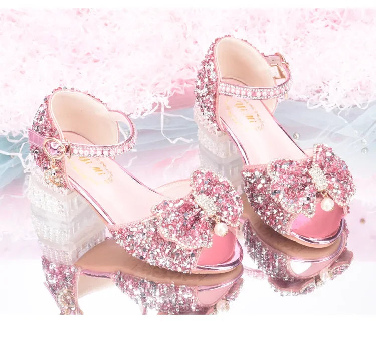 2025 Summer Girls' Princess Shoes Fashion Sequin Bow Soft Bottom Children's Sandals Girls' Performance Pearl Crystal High Heels