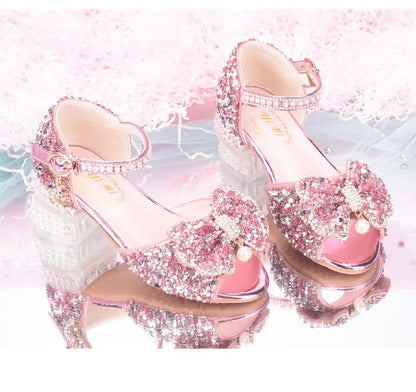 2025 Summer Girls' Princess Shoes Fashion Sequin Bow Soft Bottom Children's Sandals Girls' Performance Pearl Crystal High Heels