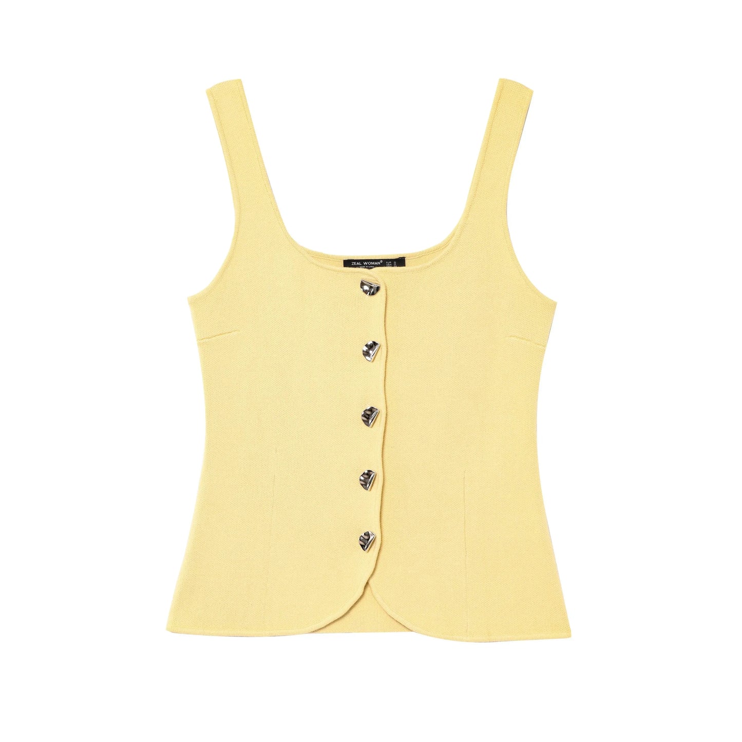 Vintage Casual Chic Yellow Women Cami Tops Solid Single Breasted Sleeveless Vest Fashion 2025 Spring Summer Holiday Tops