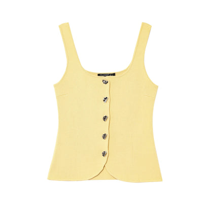 Vintage Casual Chic Yellow Women Cami Tops Solid Single Breasted Sleeveless Vest Fashion 2025 Spring Summer Holiday Tops