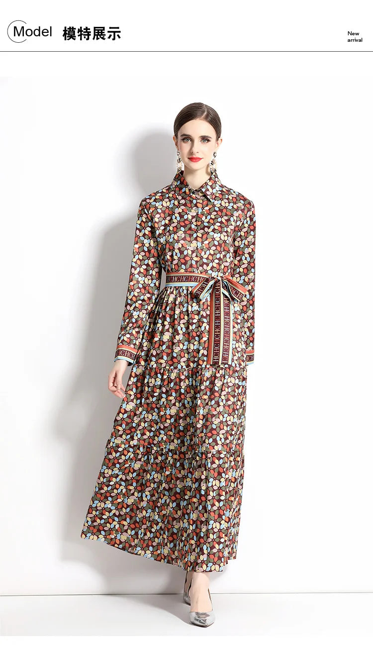 2024 Autumn New Women's European and American Versatile Waist and Slimming Letter Positioning Printed Dress A-line Long Dress