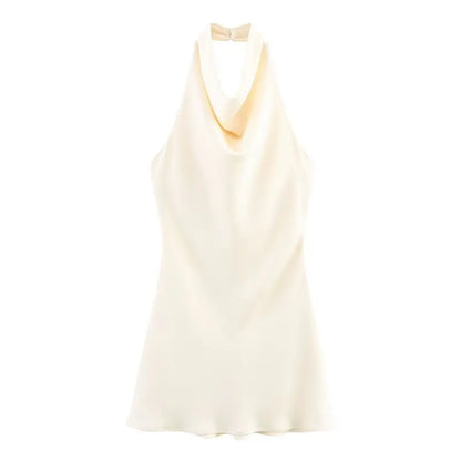 Silk Satin Texture Summer New Arrival Women's  Dr Hanging Ne Collar Gown Soft A-Line Skirt High Waist Pure Color