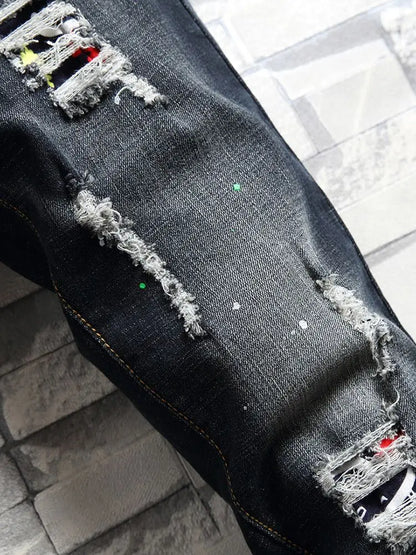 Men's Slim Fit Jeans Elastic Casual High Street Style Ripped Patchwork Pants Fashionable Tight Menswear Spring New Arrival
