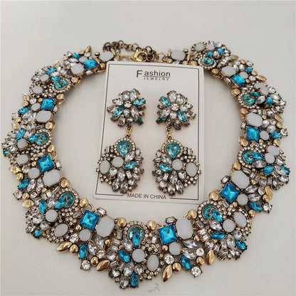 2025 New Fashion Crystal Rhinestones Large Collar Choker Necklace Earrings Women Jewelry Sets Indian Statement Wedding Necklace
