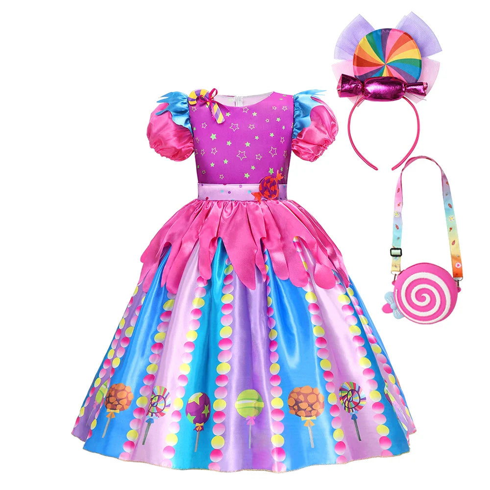Rainbow Lollipop Girls Dress Sweet Purim Festival Celebrate Costume Fancy Carnival Children Vestidos Princess Cosplay Outfits