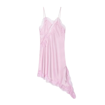 Lady Elegant Lace Halter Y2K Dress Satin Asymmetrical Mini Dress 2025 Summer Fall High Street Party Hot-Sexy Women Dress