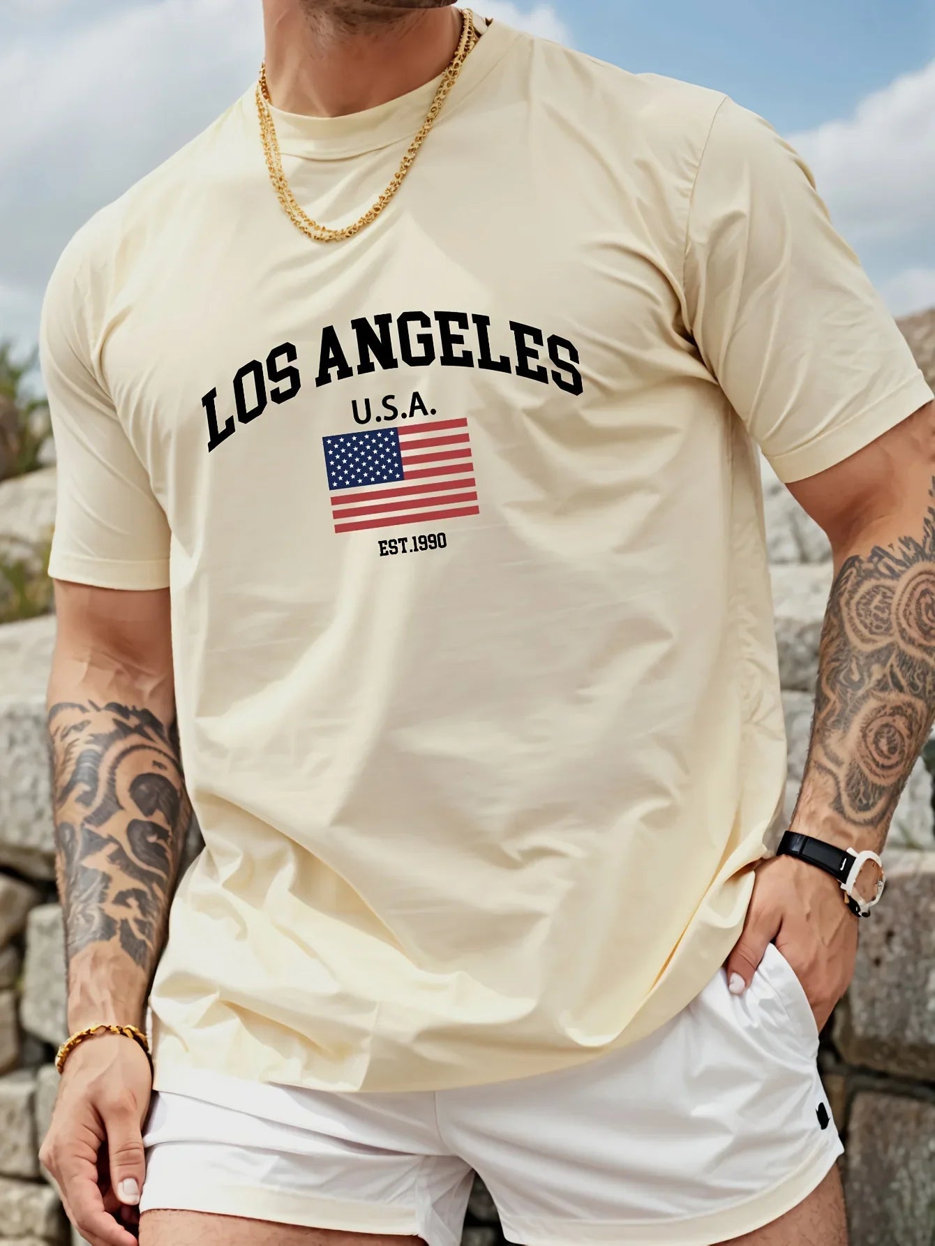 Vintage Los Angeles USA Flag Print on Premium 100% Cotton Mens T shirt Perfect for Summer West Coast Streetwear and Casual Style