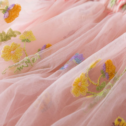 Outdoor Summer Cute Princess Dress Toddler Baby Girls Embroidery Flower Suspender Mesh Dresses Birthday Party Princess Dresses